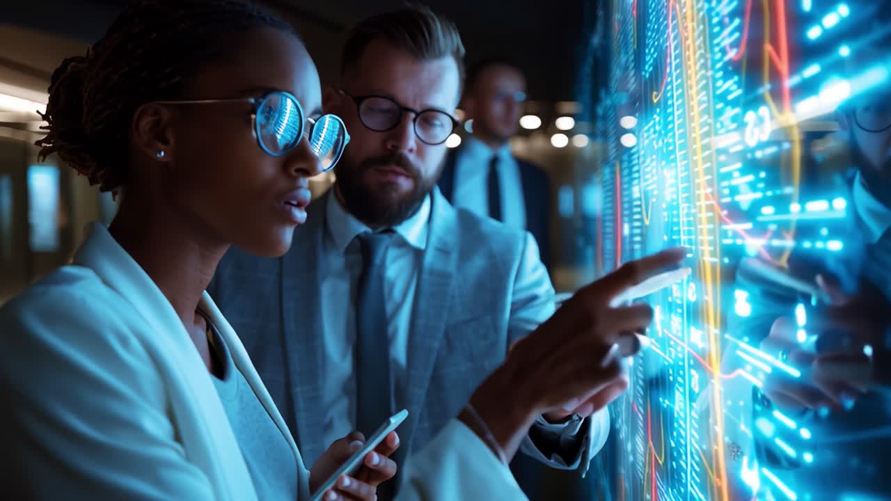 Professionals Engaged in a Deep Discussion Analyzing Dynamic Data Visualizations on a High-Tech Display in a Modern Office Environment