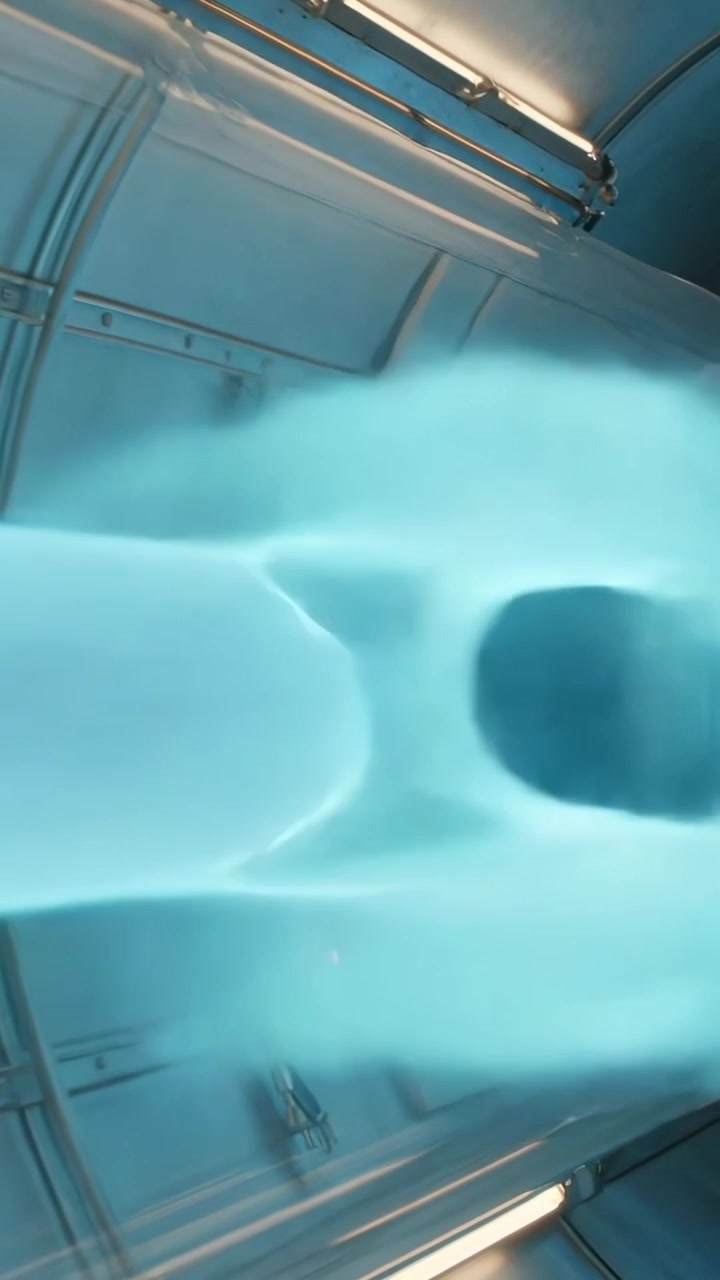 Video verticale: Spostamento della telecamera, una donna entra in una camera di luce curva indossando un costume da bagno per abbronzarsi.