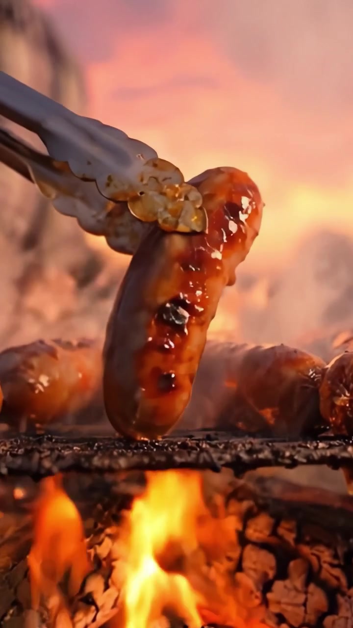 Delizia Sfrigolante al Barbecue: Un Primo Piano di Salsicce Grigliate su Fiamma Ardente al Tramonto, Che Esalta Sapori Affumicati e Arte Culinaria in un Contesto Esterno