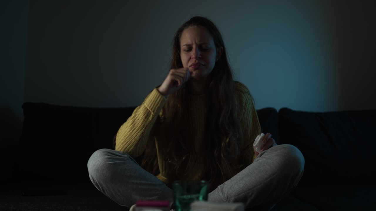 Donna che si sente male e a disagio a casa. Concetto di influenza, febbre, affaticamento e consapevolezza sanitaria
