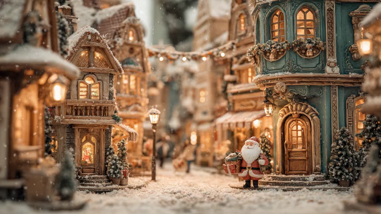 A Snow-Covered Holiday Village with Charming Miniature Houses and a Festive Santa Claus, Eager to Celebrate the Joy of the Winter Season and Spread Cheer Across the Streets