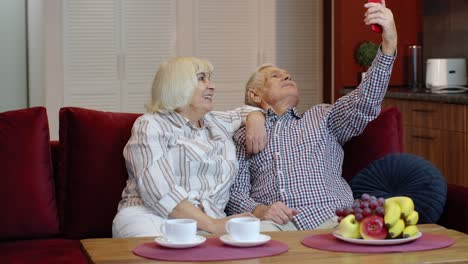 Familia-Mayor-Divirtiéndose,-Haciendo-Fotos-Selfie,-Grabando-Videos-Juntos-En-Un-Teléfono-Inteligente-En-Casa