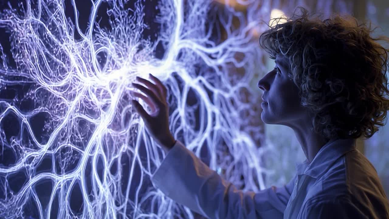 Scientist interacting with neural patterns in a futuristic lab setting
