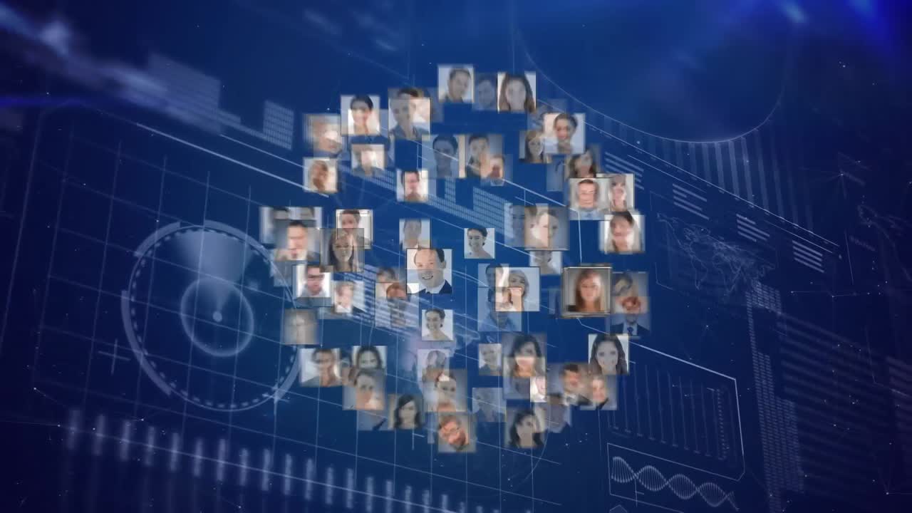 Digital composition of globe of multiple profile icons spinning against digital interface with data