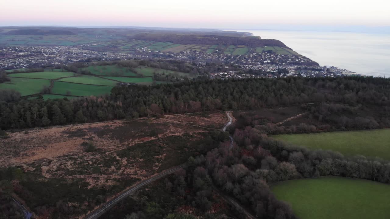 Aerial view of Mutters Moor near Sidmouth, Devon, with its paths, fields and forest, showing the English Channel in the background