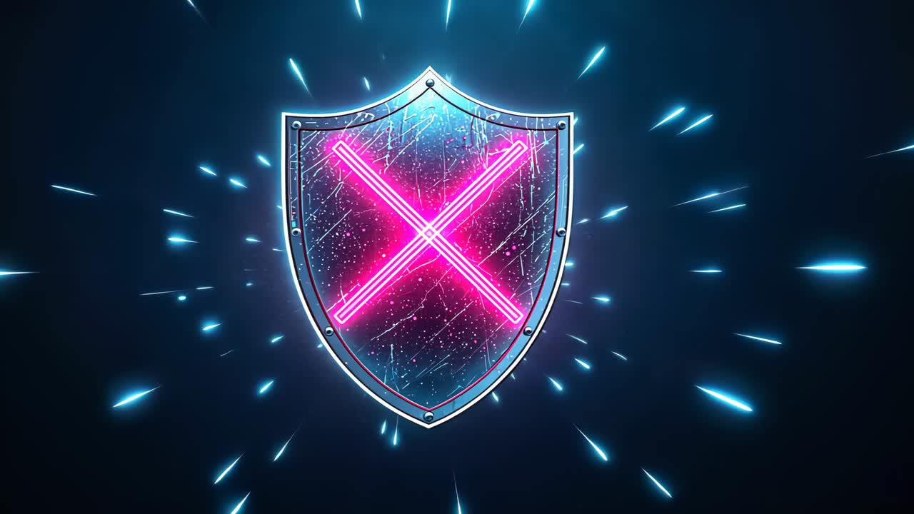 Activating metallic shield emitting growing blue energy sparks in dark void, pulsing neon pink X