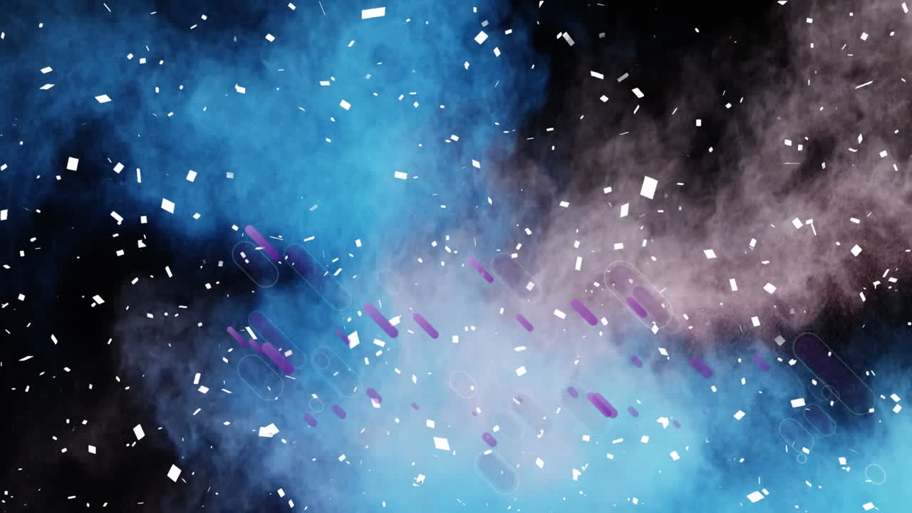 다채로운 불빛 위에 떨어지는 보라색 트레일과 콘페티의 애니메이션