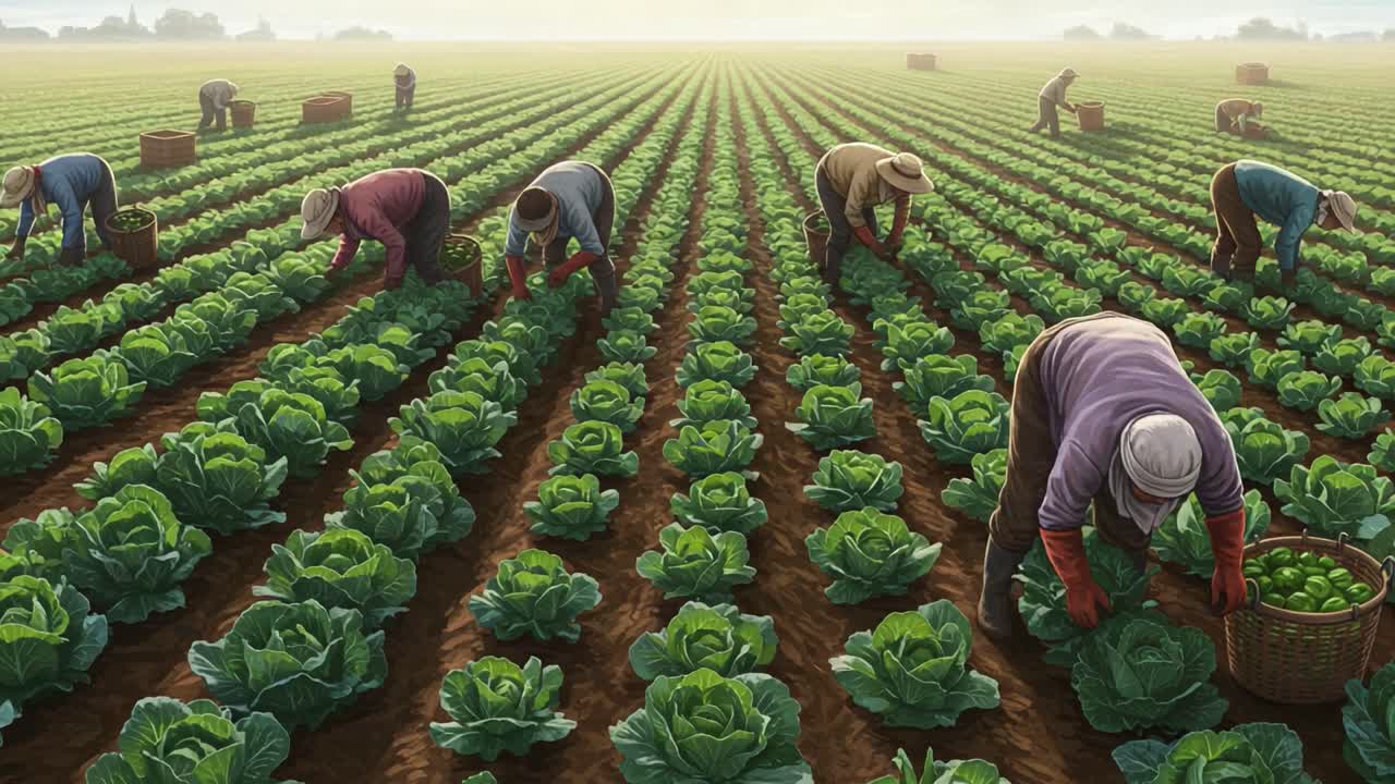 A Vibrant Cabbage Harvest: Workers Collecting Fresh Produce in a Lush Green Field Under the Golden Glow of Morning Light