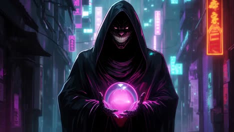 dark mystic figure in neon city