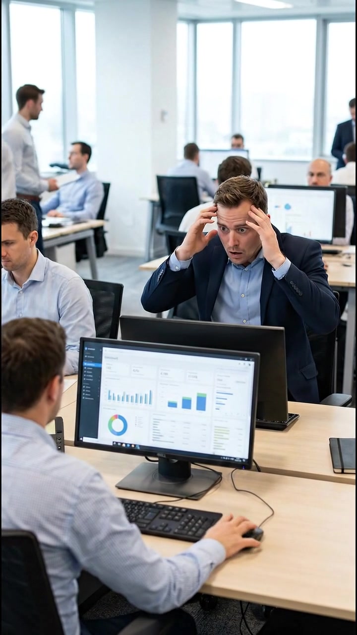 Gestresster Geschäftsmann reagiert im Büro auf Daten auf dem Computerbildschirm
