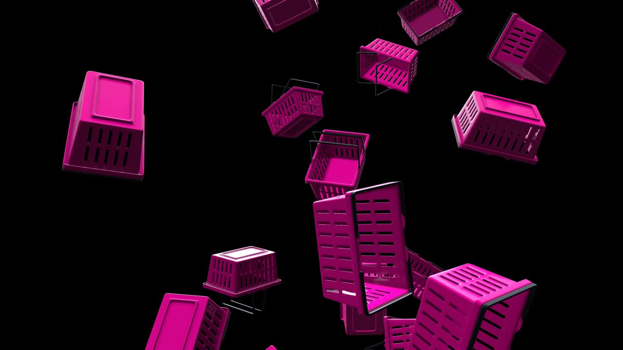 cestas de compras de plástico púrpura sobre un fondo negro.