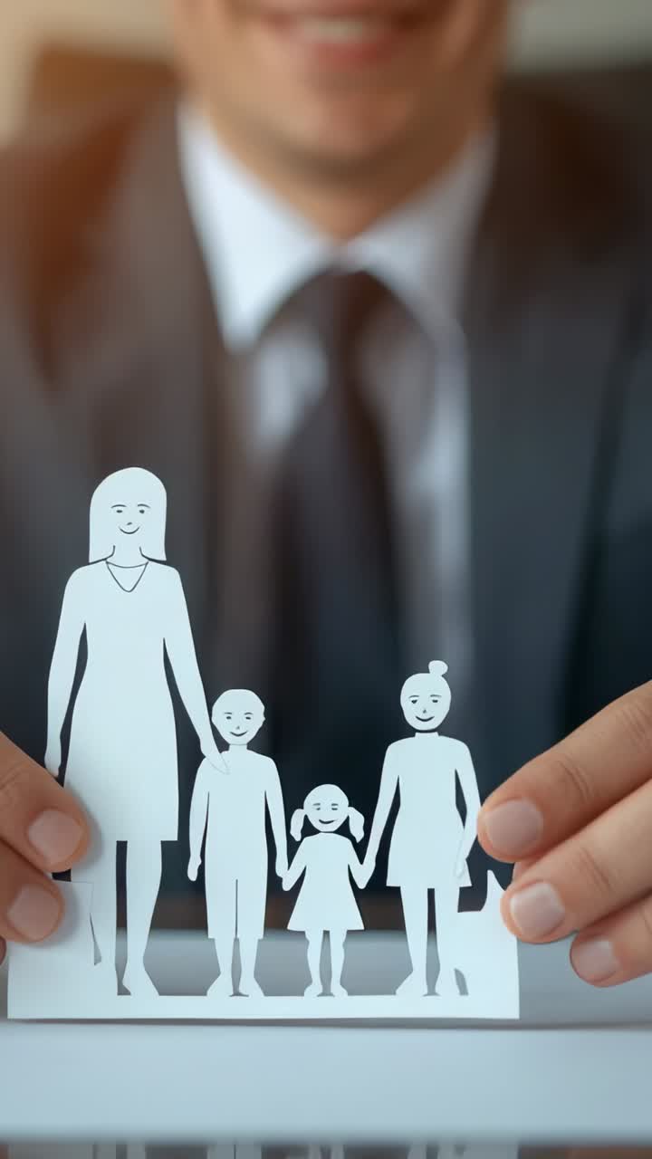 Vertical video: Camera zoom starting man in suit lifting paper cutout at desk showing family bond