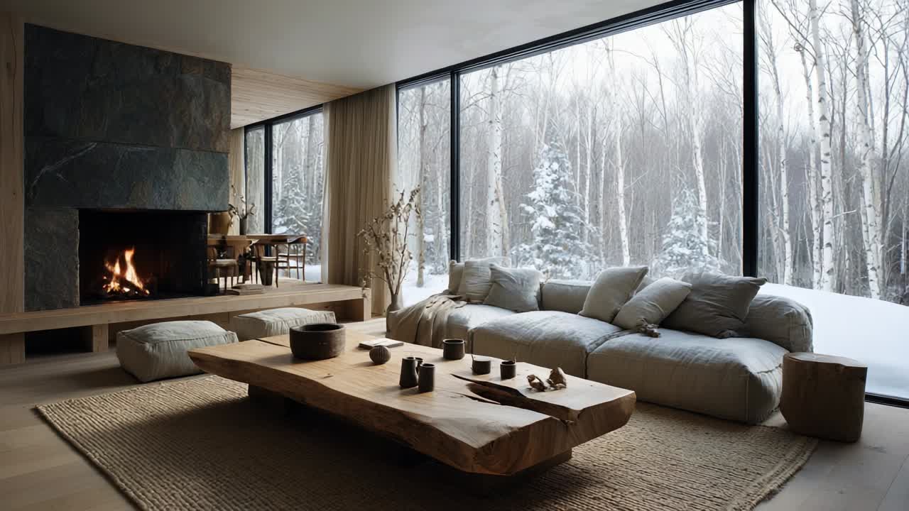A Cozy, Minimalist Living Room in a Winter Wonderland: Discover the Beauty of Natural Design Featuring a Warm Fireplace, Plush Seating, and Large Windows Showcasing the Serene Snowy Landscape Outside