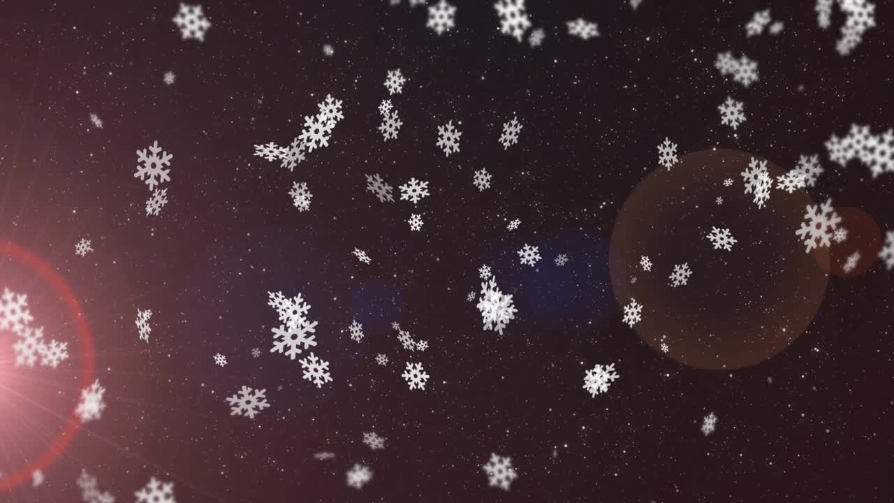 Left red flare appearing triggers flakes drifting and rotating across cosmic sky forming snowfall
