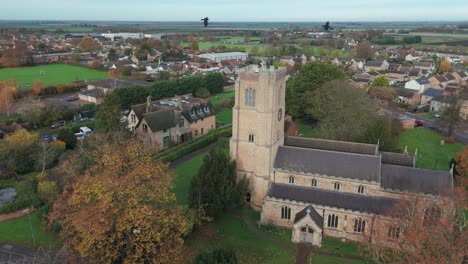 aerial view of a church in a village