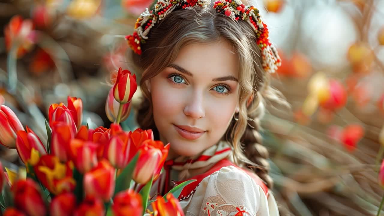 Ritratto di una donna con una corona di fiori che regge tulipani rossi.