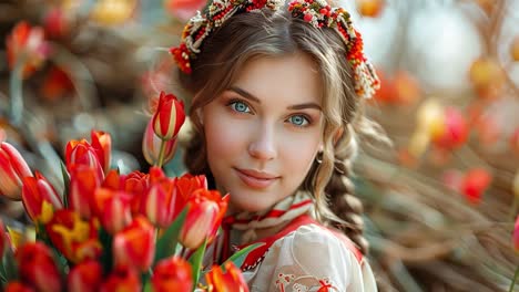 portrait of a woman in a floral crown holding red tulips