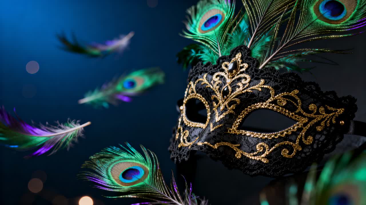 Una brezza muove piume di pavone su un tavolo da studio, sfiorando una maschera in filigrana d'oro, con spazio per il testo.