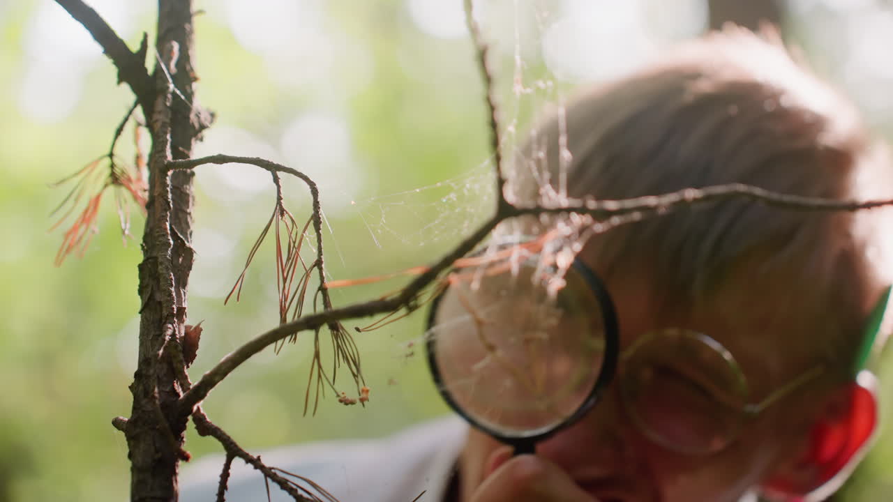 Blurred view of young man using microscope to observe fragile spider webs in forest, focusing on delicate cobweb threads entangled on branches under sunlight during ecological scientific study