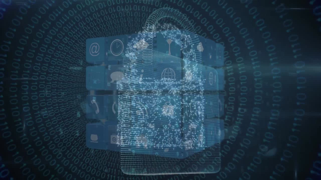 Animation of digital padlock over black background with cube made of icons and pulsating circles
