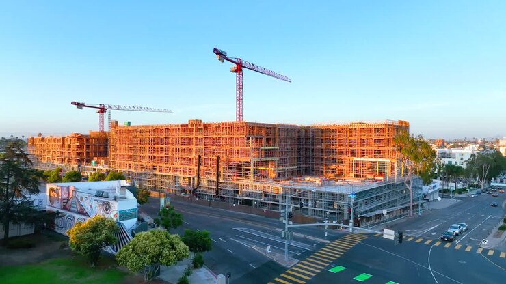 Enorme obra en construcción de un complejo de apartamentos de varios pisos en curso, con grúas elevándose sobre la estructura, vista aérea frontal, San Diego
