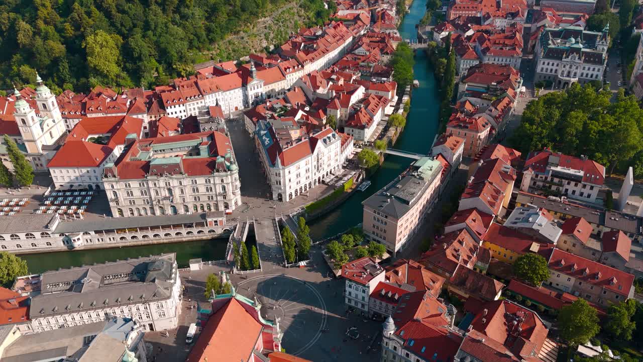 Aerial View of Preseren Square, Triple Bridge Spanning The Ljubljanica River In Ljubljana, Slovenia