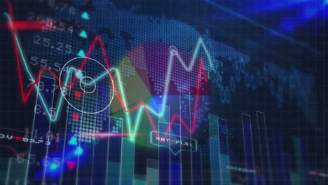 animación del procesamiento de datos y las estadísticas financieras en el mapa mundial