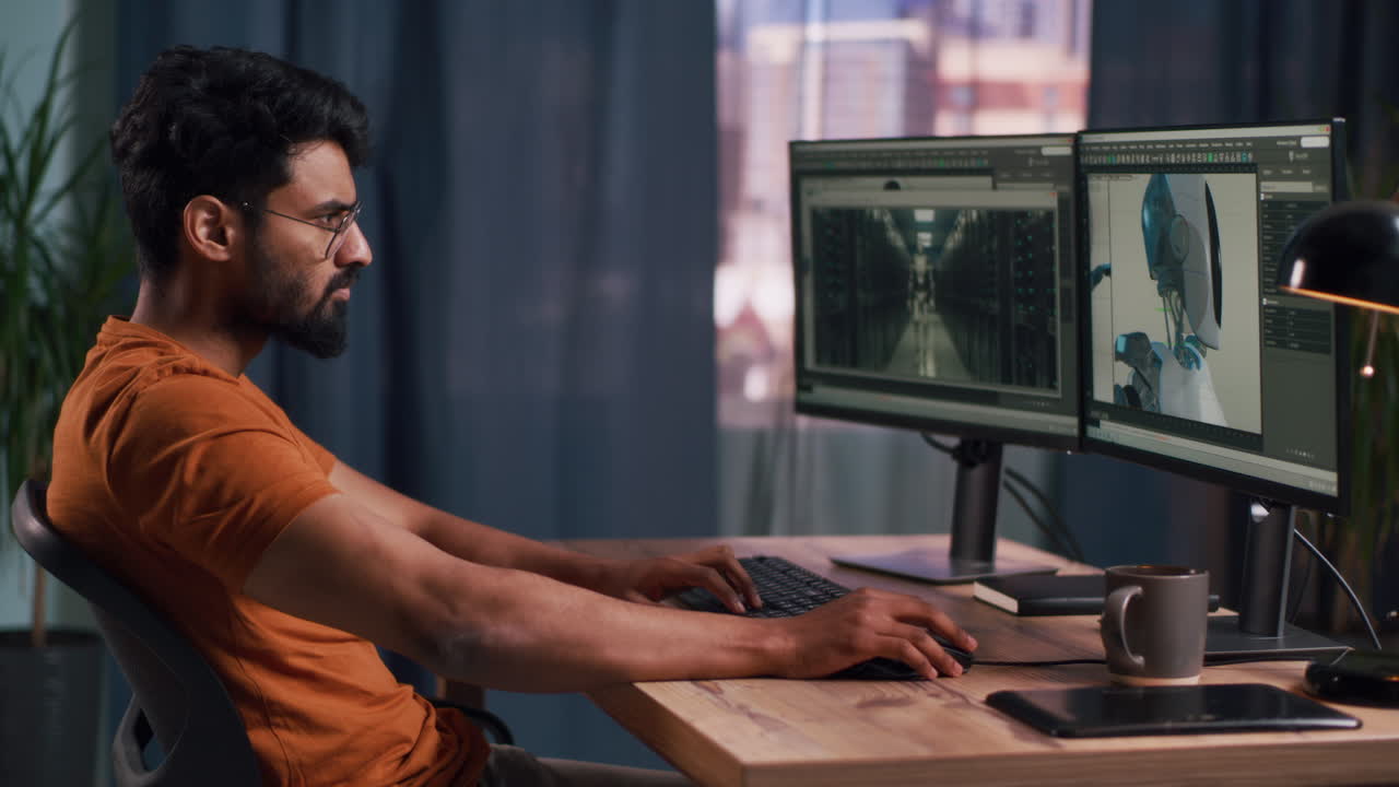 Man working on a computer at home