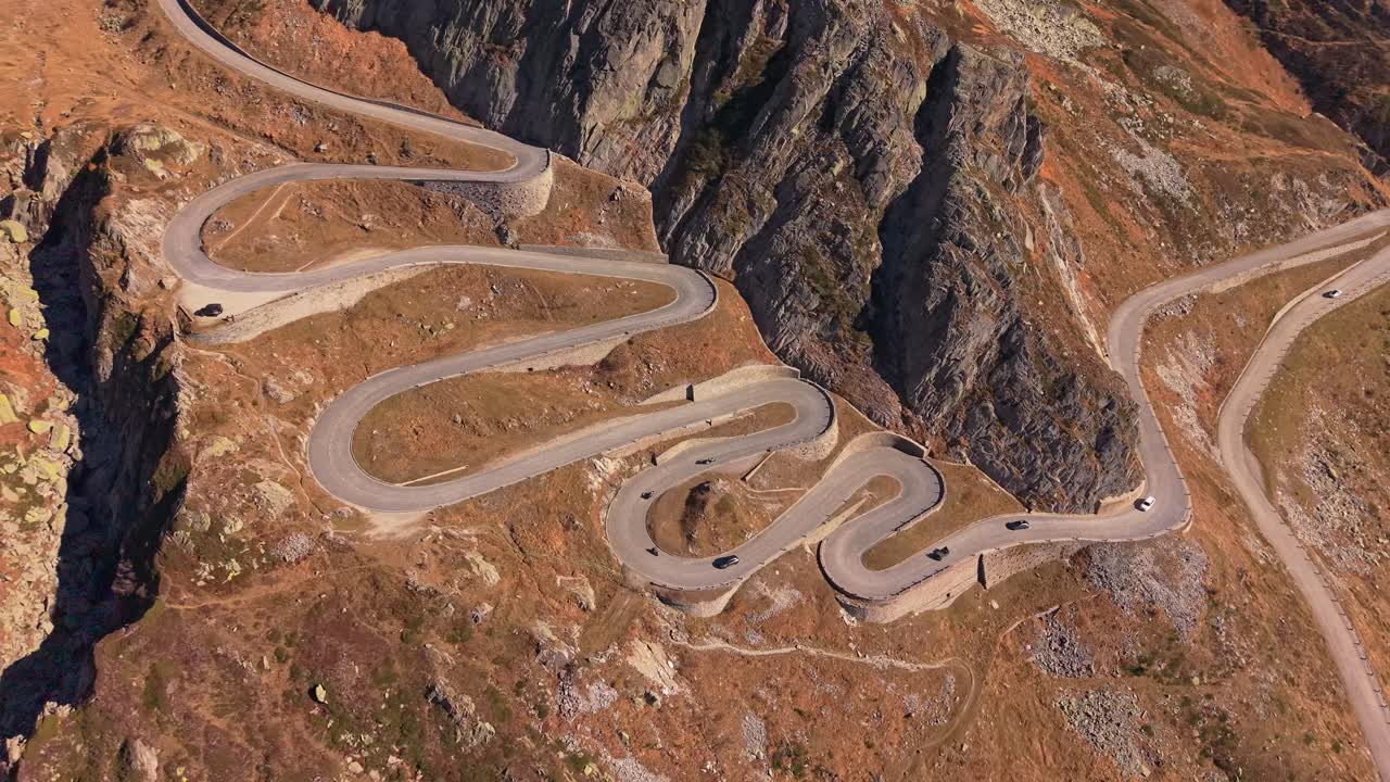 Scenic drone shot of historic La Tremola route in the Swiss Alps