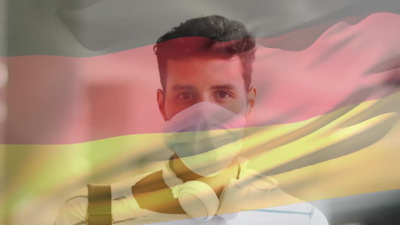 코로나 19 대유행 기간 동안 얼굴 마스크를 쓴 남자가 독일 국기를 흔들고 있는 애니메이션