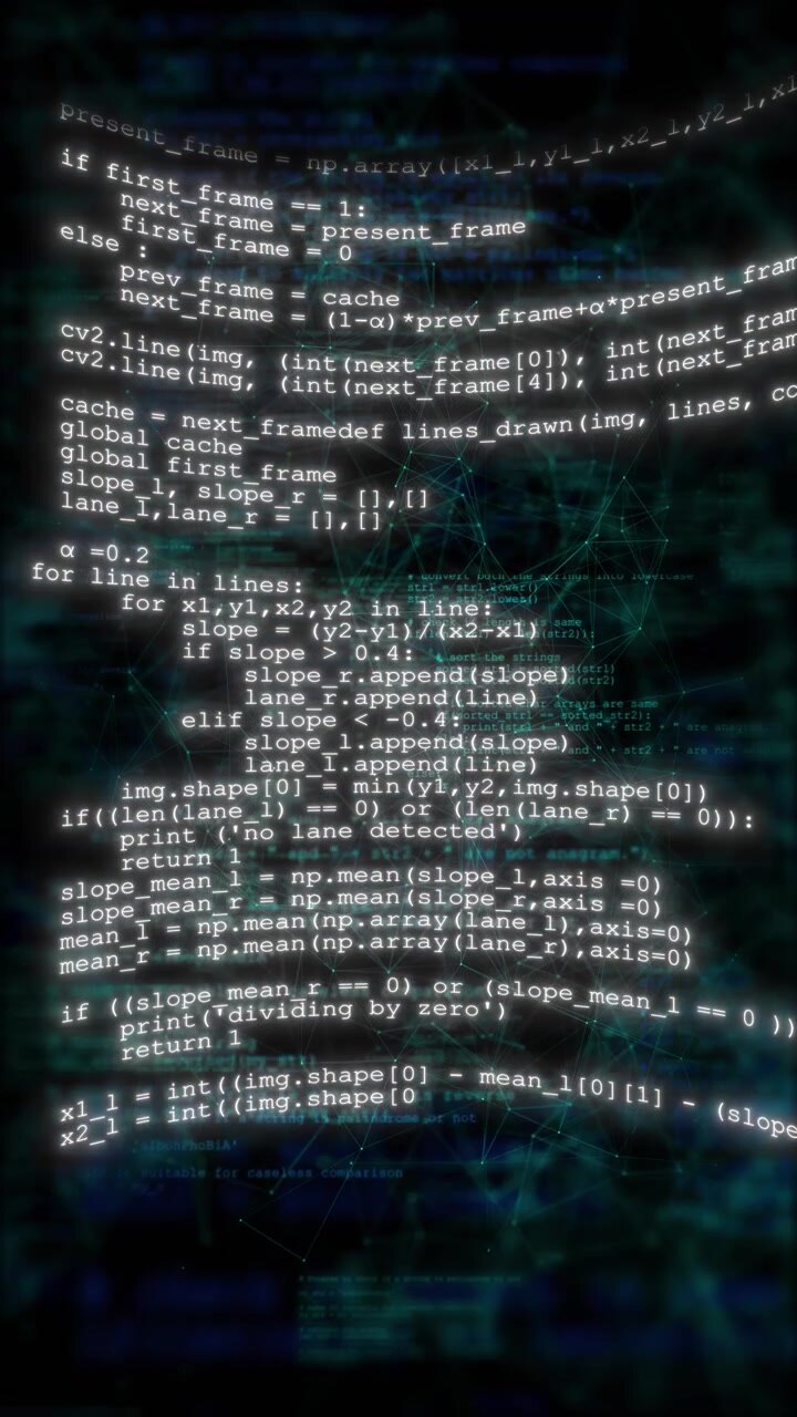 Programming code mesh visual bright formulas teal network connections layered software interface