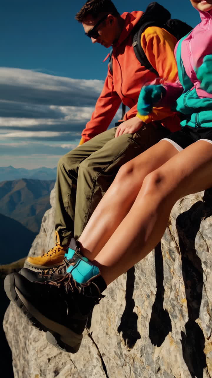 Hikers resting on a mountain peak overlooking a vast landscape
