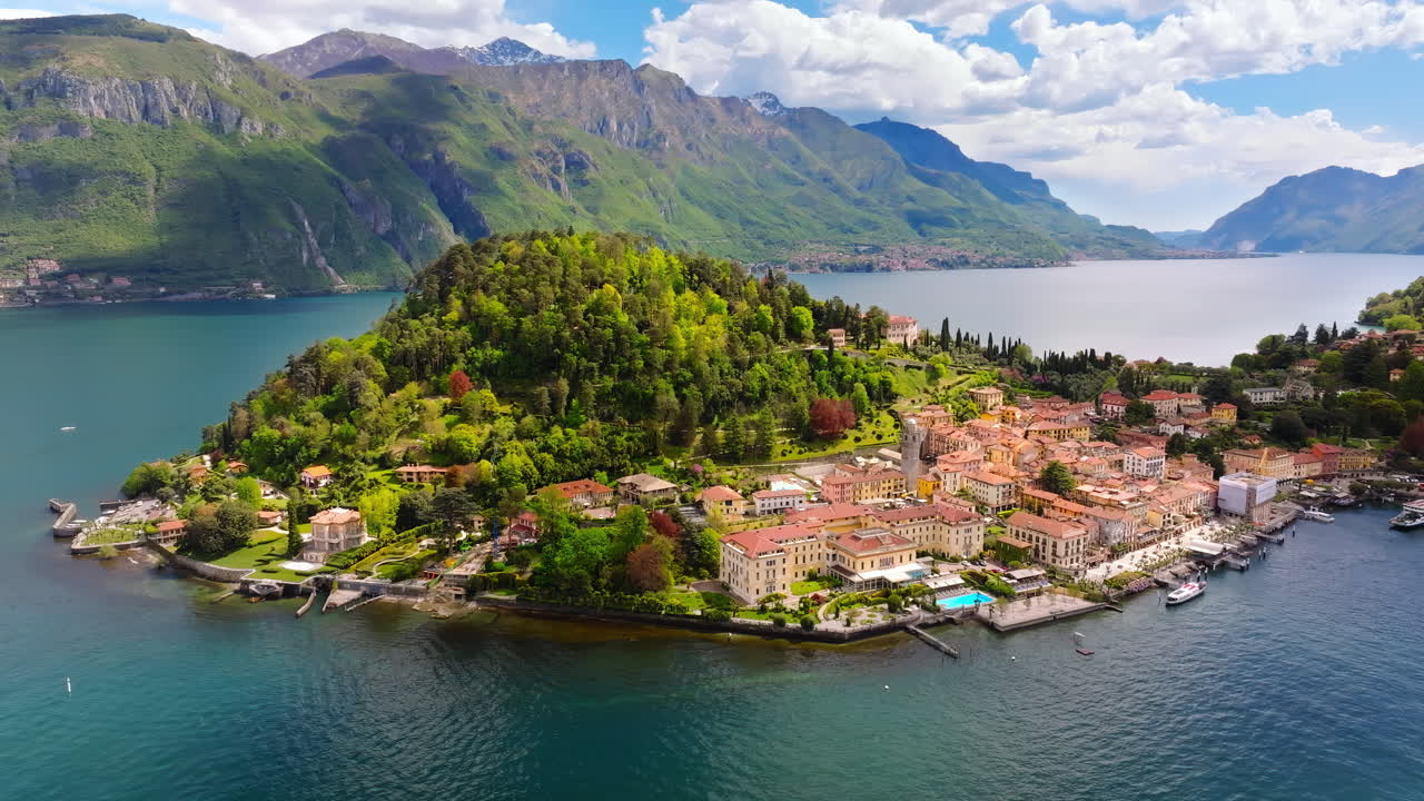Aerial drone view of the village Bellagio near Lake Como, Italy