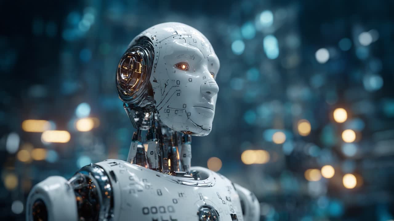 Un robot umanoide dal design complesso circondato da un paesaggio digitale futuristico, che mostra la tecnologia avanzata e l'innovazione della robotica moderna