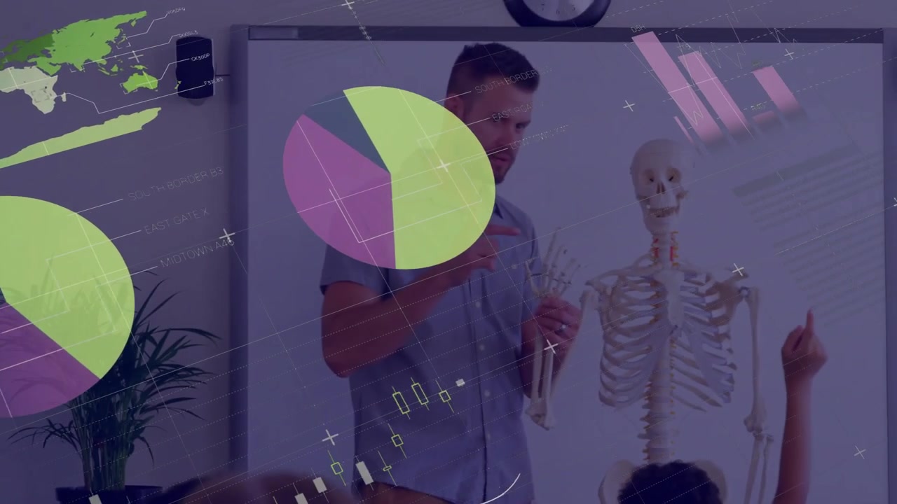 Animation of data processing on charts over diverse male teacher and class studying skeleton