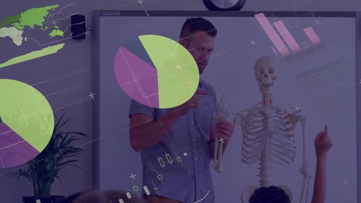 Animation of data processing on charts over diverse male teacher and class studying skeleton