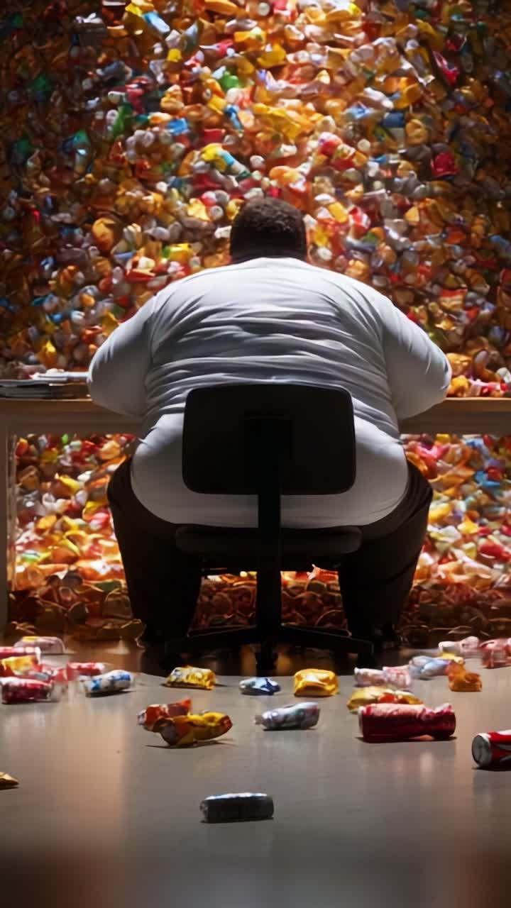 Una profonda riflessione sul consumismo: individuo assorto nei suoi pensieri, circondato da una montagna di rifiuti di plastica e confezioni di snack in una scena stimolante