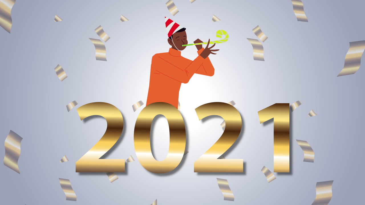 feliz año nuevo 2021 celebración con números dorados y afro hombre celebrando
