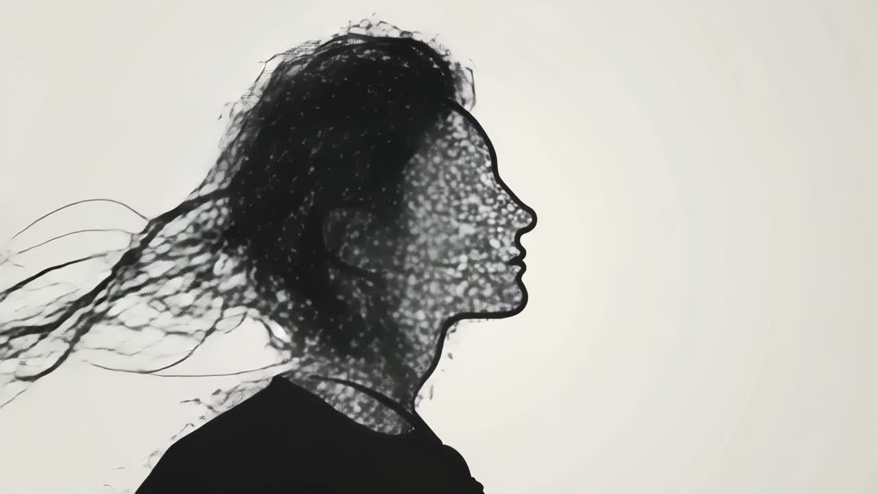 Silhouette di una persona con capelli fluenti, profilo laterale