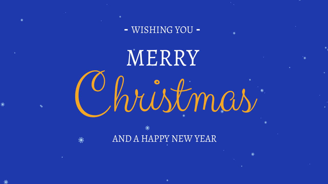 파란색 배경에 눈이 있는 크리스마스 축하와 새해 축하 문자의 애니메이션