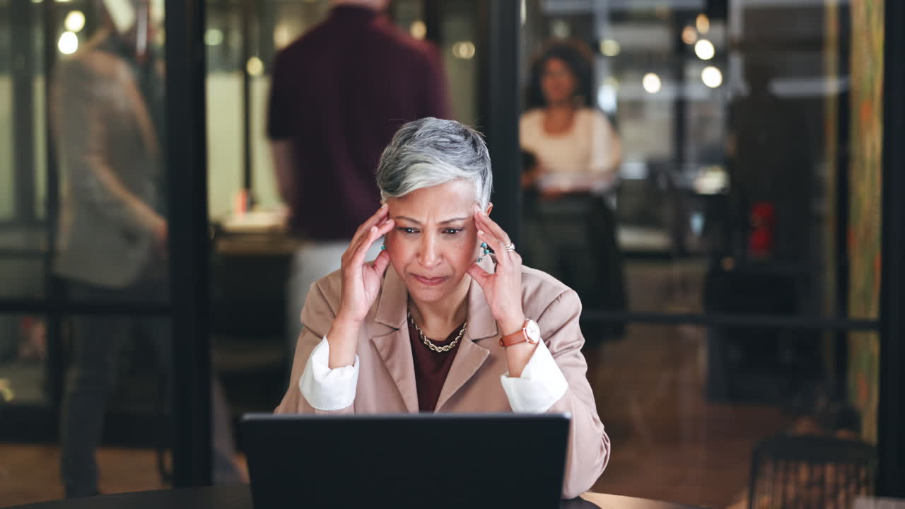 Thinking, headache and laptop with business woman
