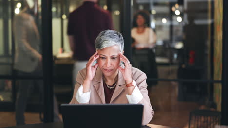 thinking, headache and laptop with business woman