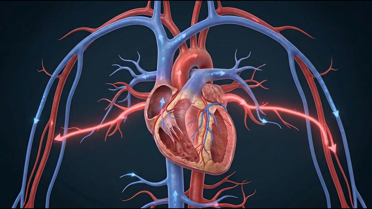 Cuore Dettagliato Collegato a Vasi Arteriosi e Venosi Ramificati su Sfondo Scuro
