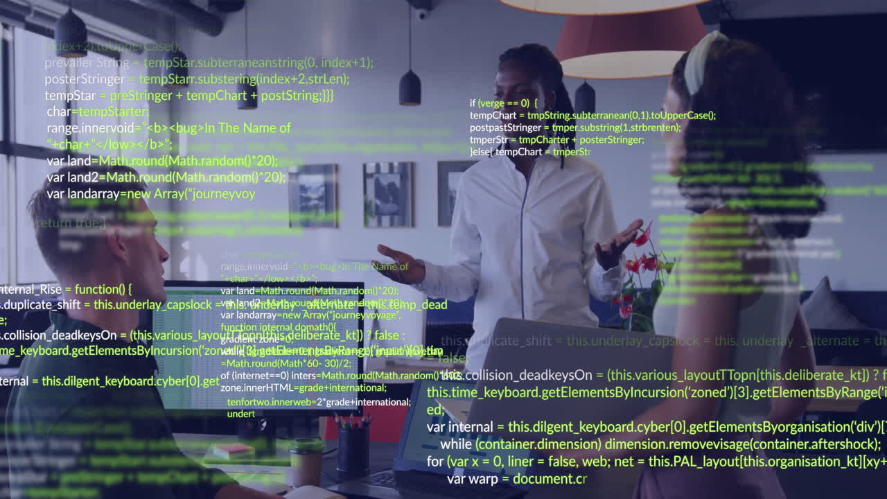 Business meeting with diverse team discussing over green code animation