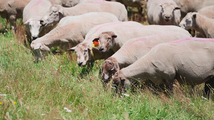 Gregge di pecore al pascolo in una giornata di sole nella campagna di un ranch