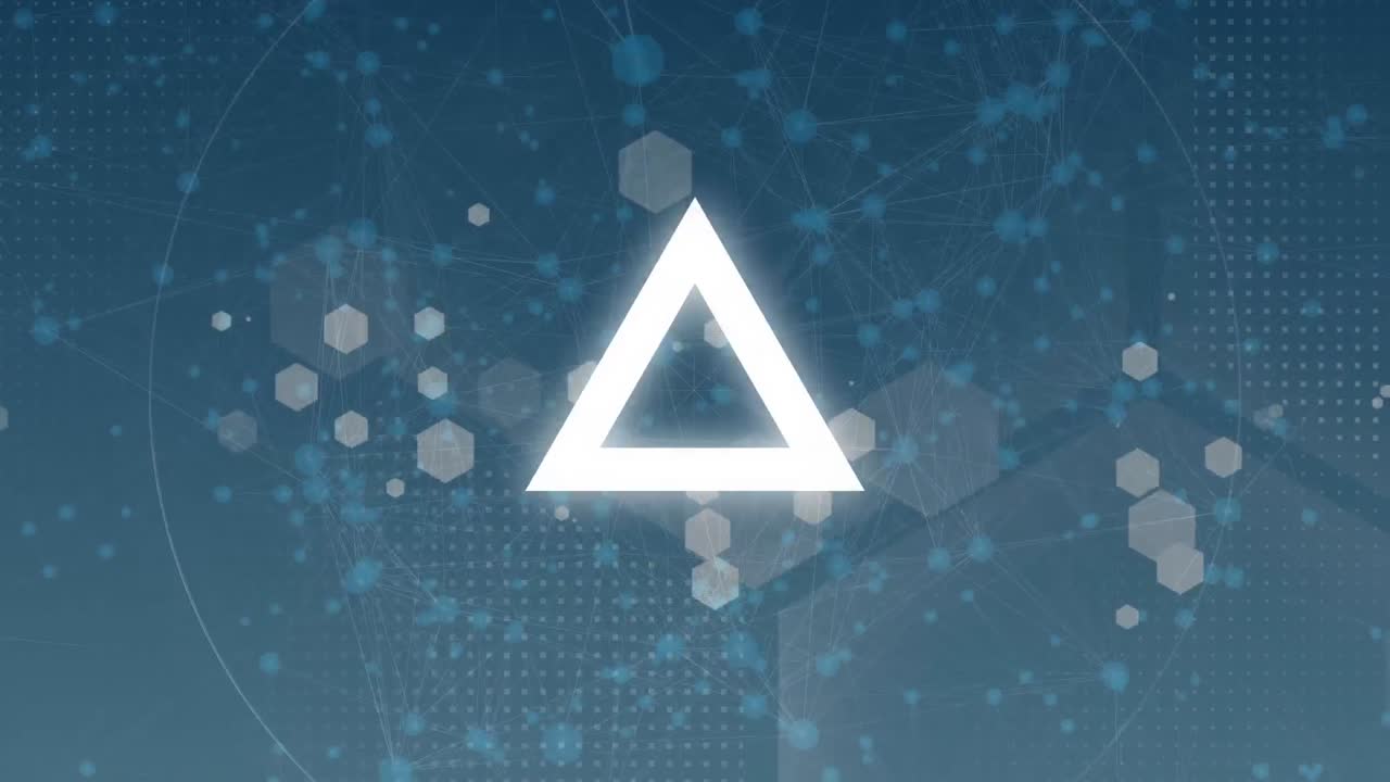 파란색 배경에 빛나는 반점 네트워크를 통해 범위 스캐닝과 삼각형의 애니메이션