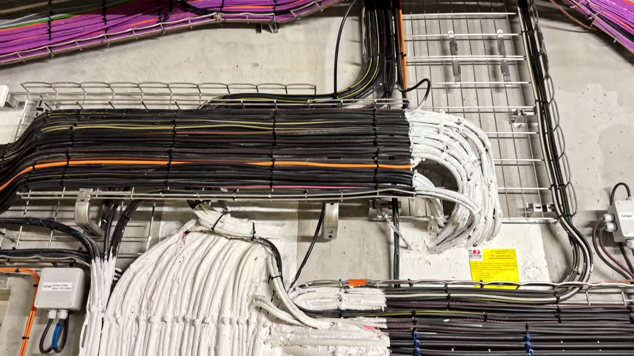 Organized Industrial Cables Neatly Routed in a Metal Tray Alongside Stainless Steel Pipes - Close Up