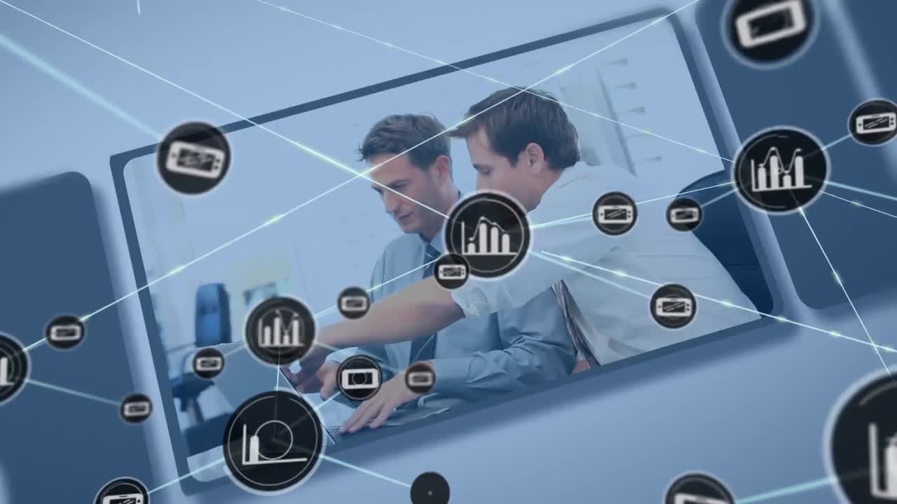 태블릿 화면에서 비즈니스 개념 데이터 처리에 대한 디지털 아이콘 네트워크의 애니메이션