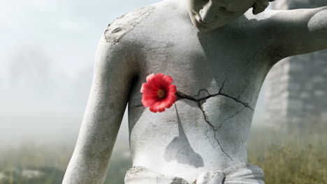 red flower blooming from a cracked stone statue