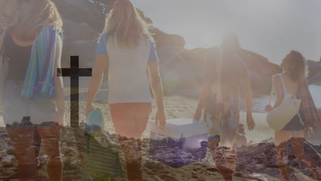 friends walking along beach carrying towels cooler tote with desert overlay for travel marketing